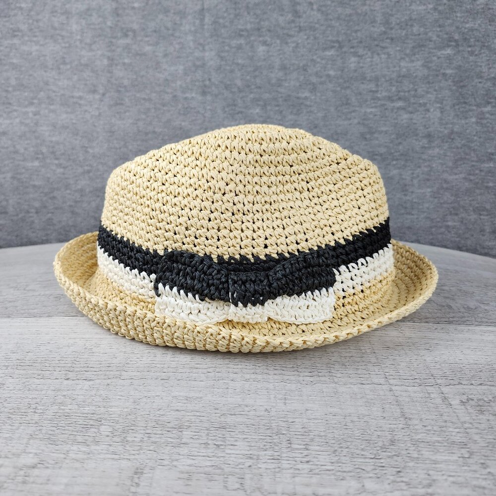 Kate Spades New York Hat Off Fedora 100% Paper Crochet Black White Trim with Bow